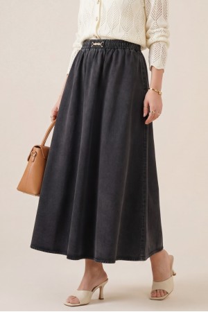 تنورة جينز بحزام خصر مطاطي وتفاصيل إبزيم -أنثراسايت