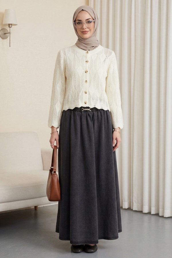 Denim Skirt with Elastic Waistband and Buckle Detail -Anthracite