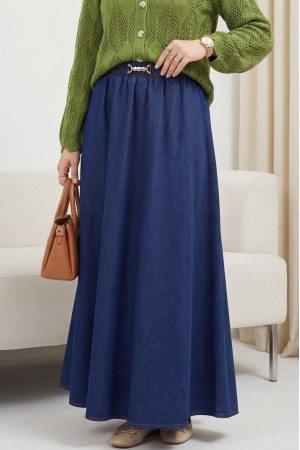 تنورة جينز بحزام خصر مطاطي وتفاصيل إبزيم -كحلي