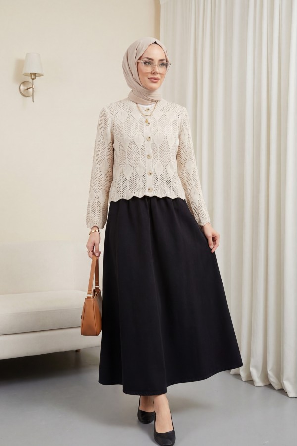 Denim Skirt with Elastic Waistband and Buckle Detail -Black