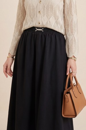 Denim Skirt with Elastic Waistband and Buckle Detail -Black