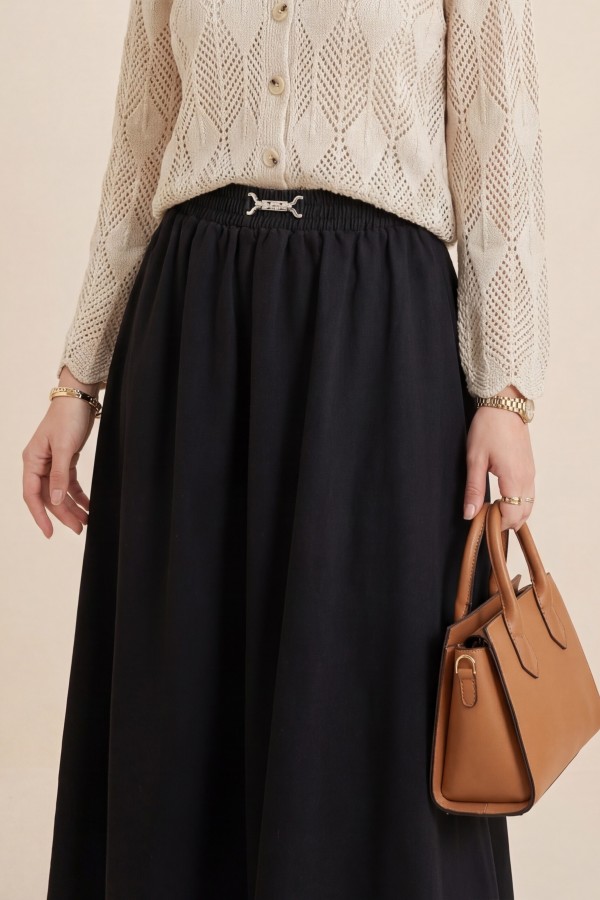 Denim Skirt with Elastic Waistband and Buckle Detail -Black