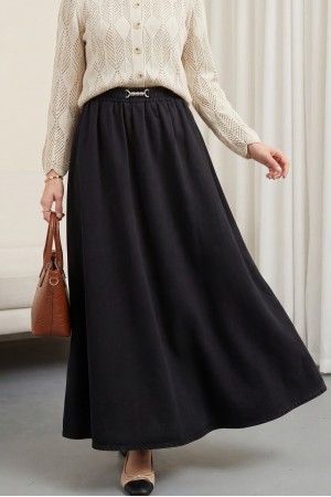 تنورة جينز بحزام خصر مطاطي وتفاصيل إبزيم -أسود