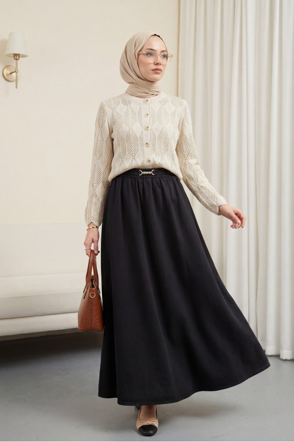 Denim Skirt with Elastic Waistband and Buckle Detail -Black