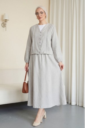 V Yaka Önü Düğmeli Plise Detaylı Keten Takım -Açık Gri