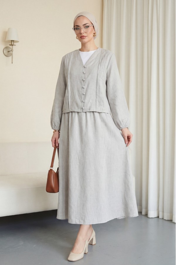 V-Neck Button-Front Pleated Detail Linen Suit - Light grey