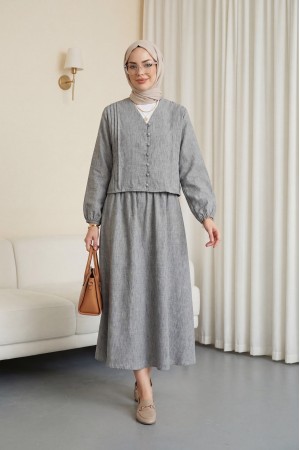 V-Neck Button-Front Pleated Detail Linen Suit -Grey