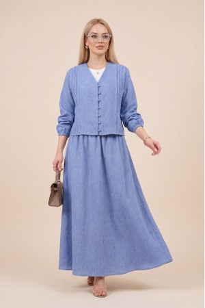 V-Neck Button-Front Pleated Detail Linen Suit -Blue