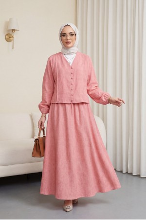 V Yaka Önü Düğmeli Plise Detaylı Keten Takım -Nar Çiçeği