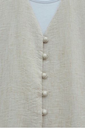 V Yaka Önü Düğmeli Plise Detaylı Keten Takım -Taş