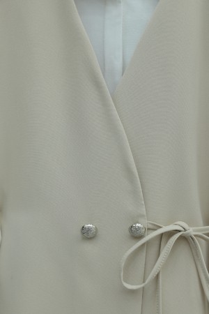 Button Detail Double Lace-up Vest and Trousers Double Crepe Set - Beige