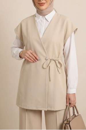 Button Detail Double Lace-up Vest and Trousers Double Crepe Set - Beige