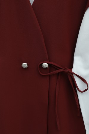 Button Detail Double Lace-up Vest and Trousers Double Crepe Set -Maroon