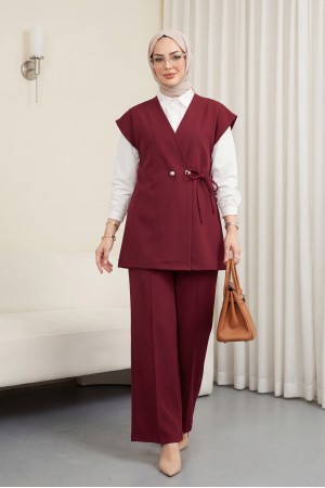 Button Detail Double Lace-up Vest and Trousers Double Crepe Set -Maroon
