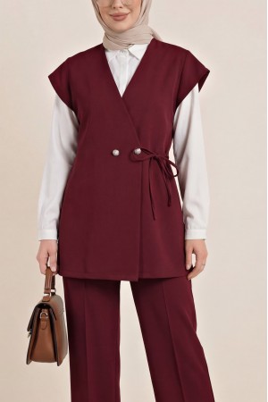 Button Detail Double Lace-up Vest and Trousers Double Crepe Set -Maroon