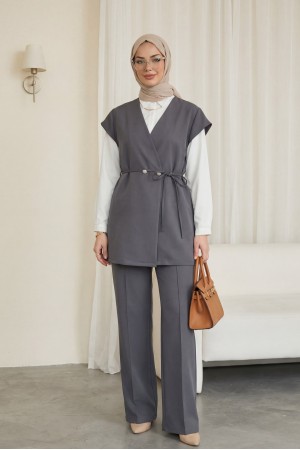 Düğme Detaylı Çift Bağcıklı Yelek Pantolon Double Krep Takım -Füme
