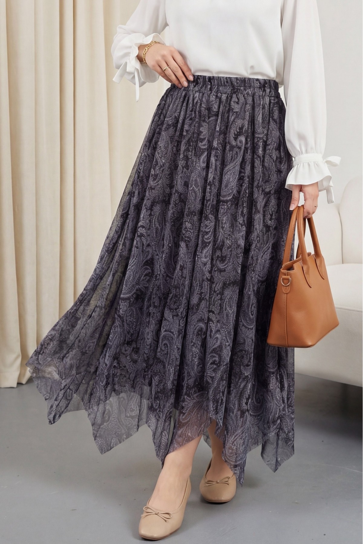 Patterned, Lined Chiffon Skirt with Elastic Waistband -Grey