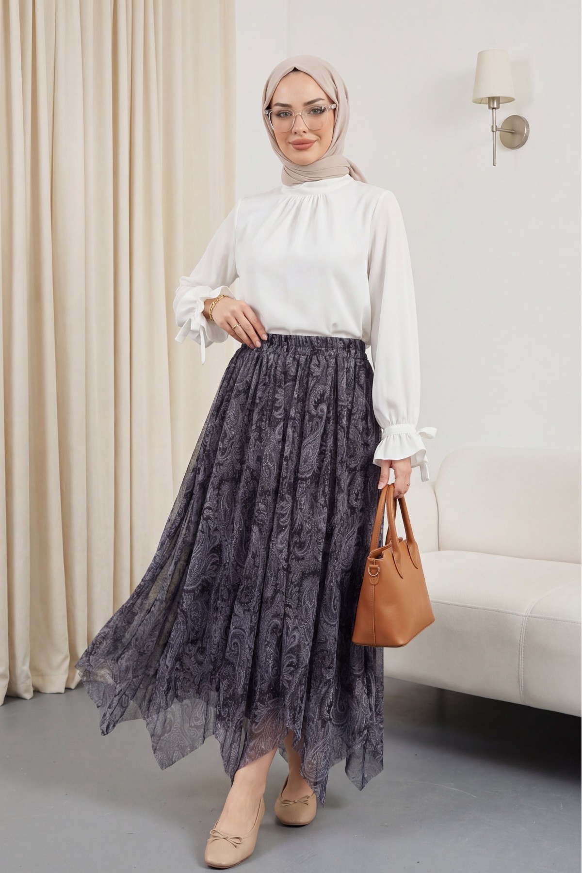 Patterned, Lined Chiffon Skirt with Elastic Waistband -Grey