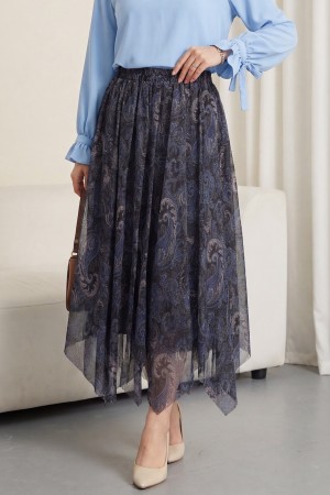 Beli Lastikli Desenli Astarlı Şifon Etek  -Laci