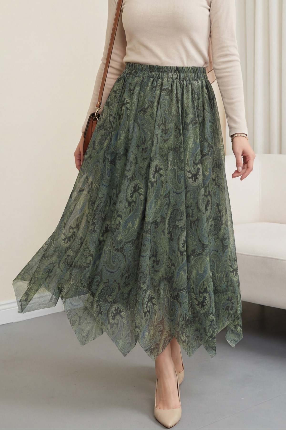 Patterned, Lined Chiffon Skirt with Elastic Waistband -Green