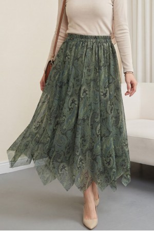 Beli Lastikli Desenli Astarlı Şifon Etek  -Yeşil