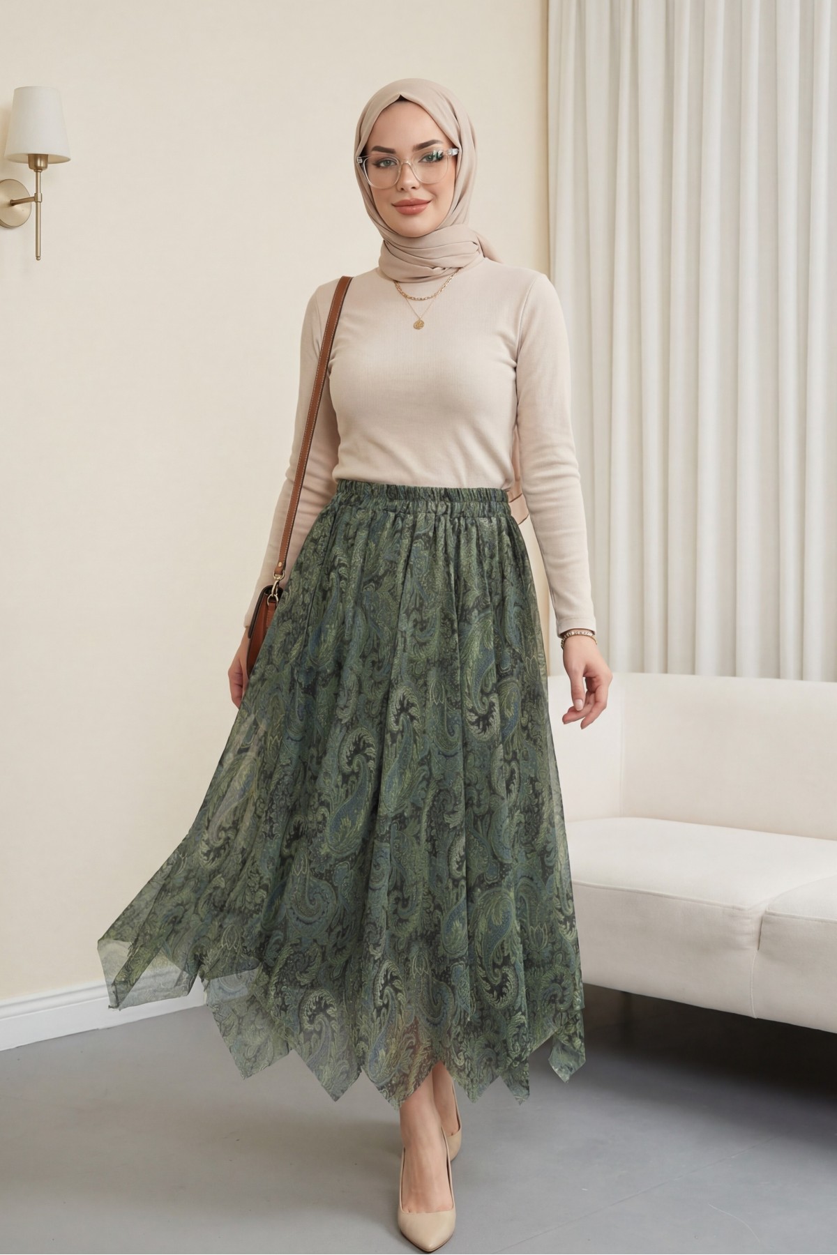 Patterned, Lined Chiffon Skirt with Elastic Waistband -Green