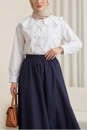 Bebe Yaka Kurdele Detaylı Gömlek     -Beyaz