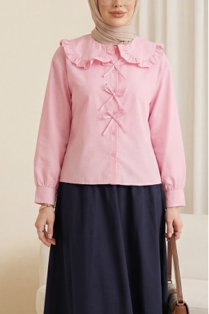 Bebe Yaka Kurdele Detaylı Gömlek     -Pembe