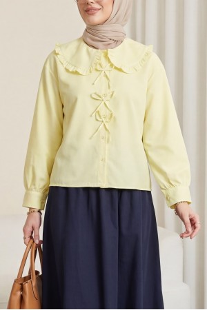 Bebe Yaka Kurdele Detaylı Gömlek     -Sarı