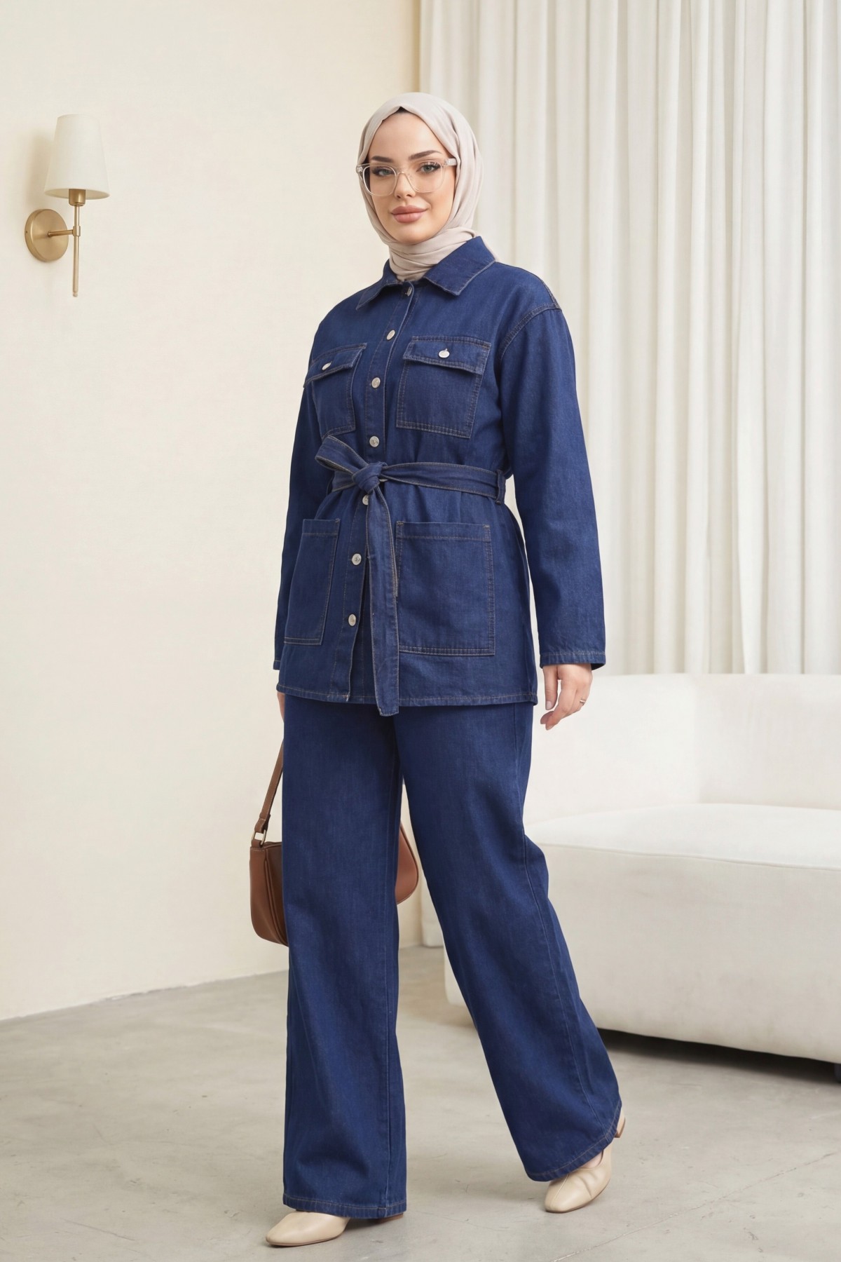 Waist Belted  Pocketed Buttoned Front Denim Suit   -Navy blue