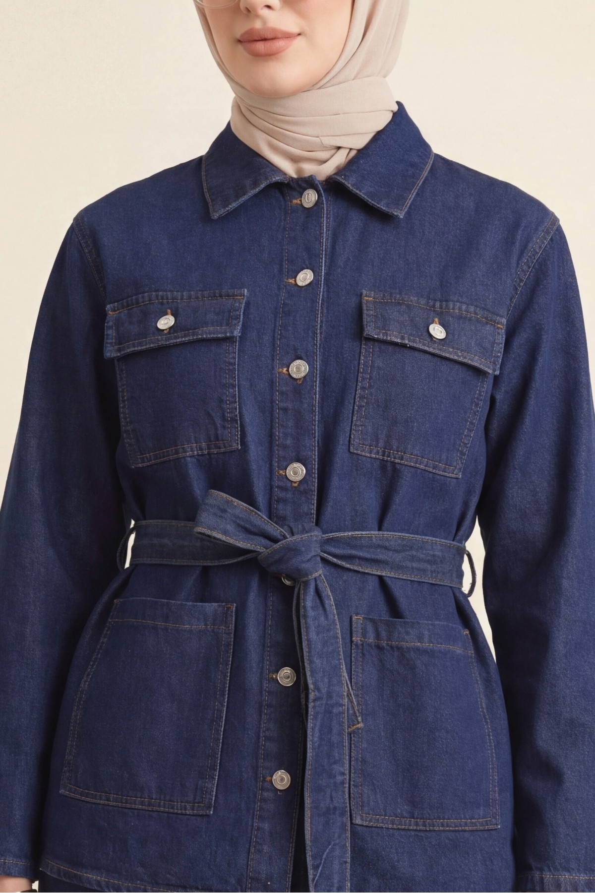 Waist Belted  Pocketed Buttoned Front Denim Suit   -Navy blue