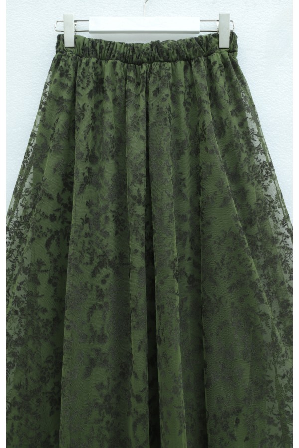 Elasticated Waist Flog Print Lined Tulle Skirt -Khaki