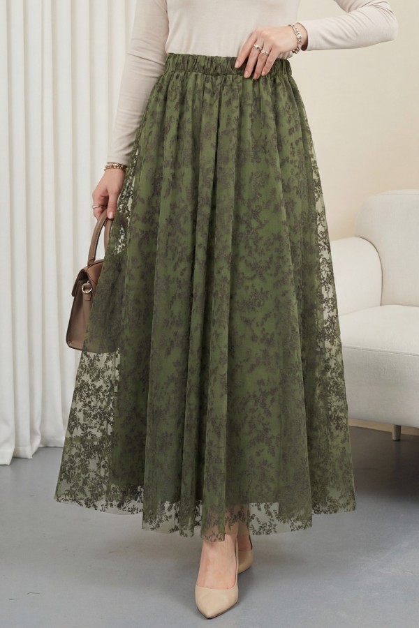 Elasticated Waist Flog Print Lined Tulle Skirt -Khaki