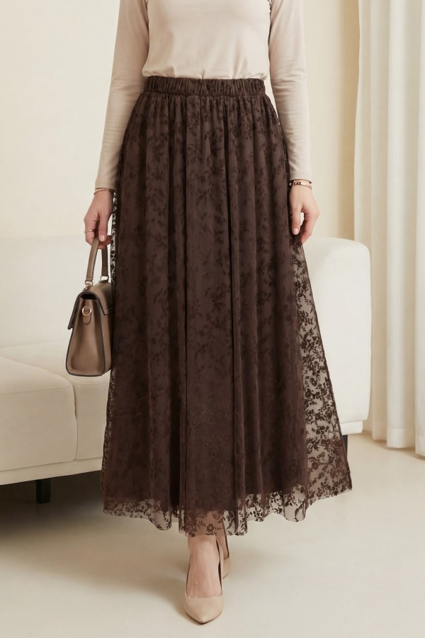 Elasticated Waist Flog Print Lined Tulle Skirt -Dark Coffee