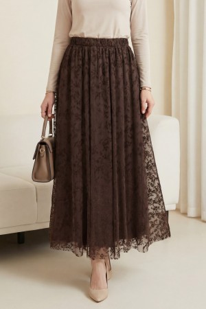 Beli Lastikli Flog Baskılı Astarlı Tül Etek -K. Kahve