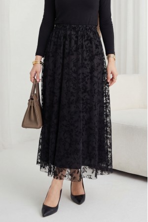 Beli Lastikli Flog Baskılı Astarlı Tül Etek -Siyah