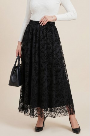 Beli Lastikli Flog Baskılı Astarlı Tül Etek -Siyah