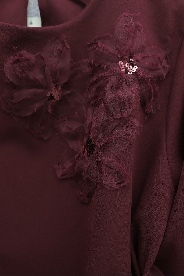 Organza Tulle Floral Imported Crepe Set with Belt -Maroon