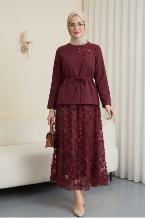 Organza Tulle Floral Imported Crepe Set with Belt -Maroon