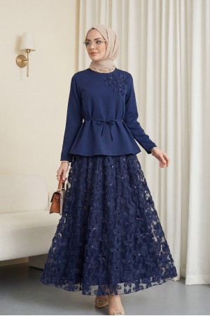 Organze Tül Çiçekli Beli Kemerli İthal Krep Takım  -Laci