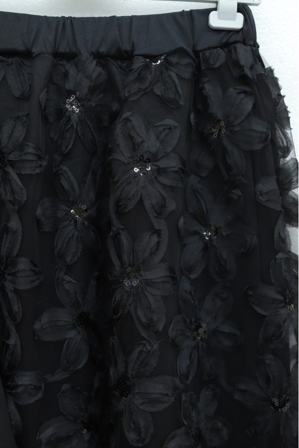 Organza Tulle Floral Imported Crepe Set with Belt -Black
