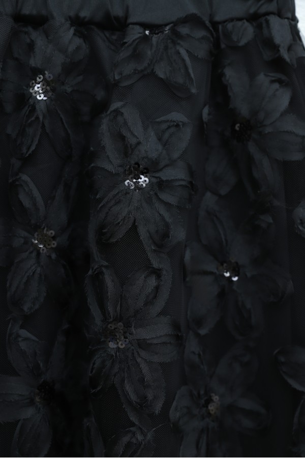 Organza Tulle Floral Imported Crepe Set with Belt -Black