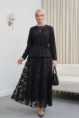 Organze Tül Çiçekli Beli Kemerli İthal Krep Takım  -Siyah