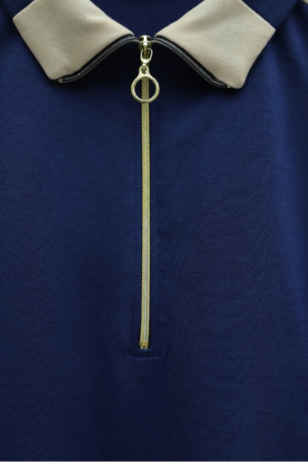 Collared, Half-Zip Jersey Set with Patterned Sides -Navy blue