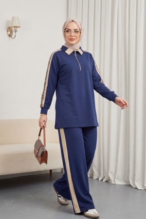 طقم جيرسي بياقة وسحاب نصفي وجوانب منقوشة -كحلي