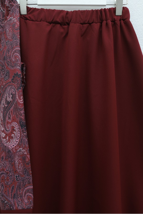Top Button Ethnic Pattern Crepe Skirt Set -Maroon