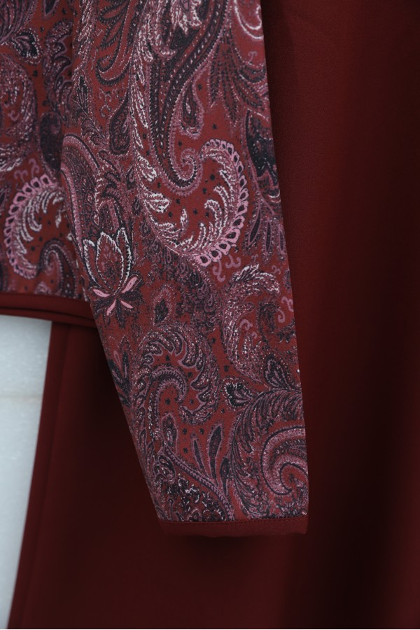 Top Button Ethnic Pattern Crepe Skirt Set -Maroon