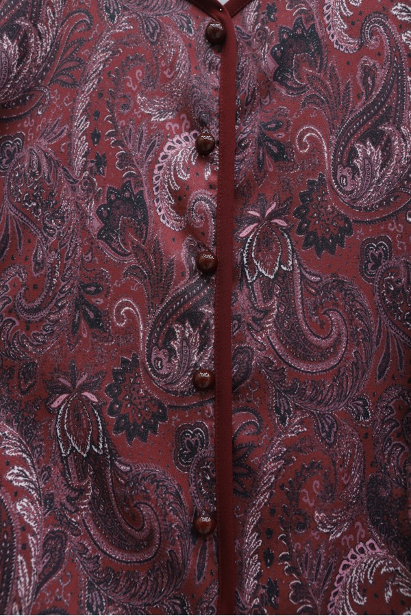 Top Button Ethnic Pattern Crepe Skirt Set -Maroon