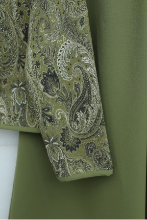 Top Button Ethnic Pattern Crepe Skirt Set -Khaki