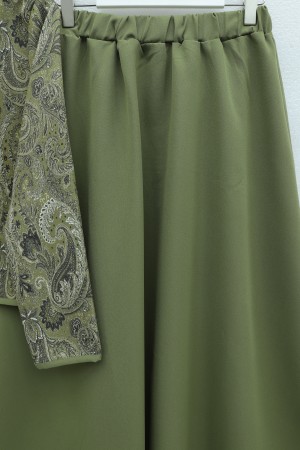 Top Button Ethnic Pattern Crepe Skirt Set -Khaki